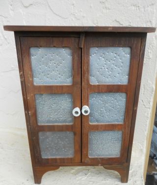 Vintage Wooden Antique Style Dollhouse Pie Safe Cupboard Punched Tin Doors