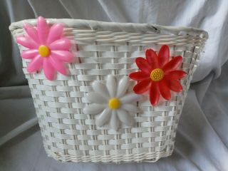 Vintage White Woven Bicycle Front Basket Plastic Flowers Retro Baskets