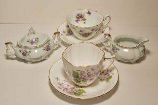 Antique Royal Windsor Royal Stuart Bone China Purple Floral Teacups Gift Set