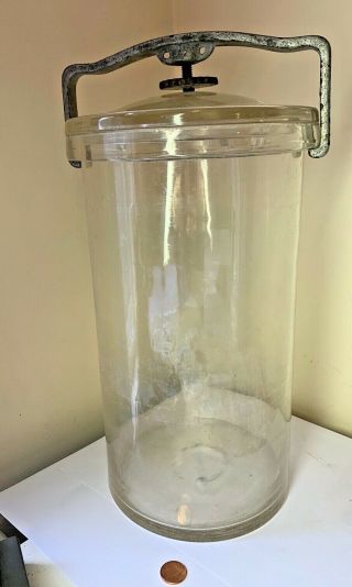 Antique 1895 Whitall Tatum Co 14 " Scientific Specimen Jar Glass Lid Vtg Clamp 11