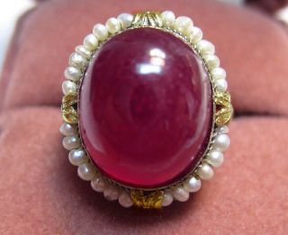 Fabulous Antique Huge Lipstick Red Natural Ruby French 14k Gold Seed Pearls Ring