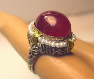 FABULOUS ANTIQUE HUGE LIPSTICK RED NATURAL RUBY FRENCH 14K GOLD SEED PEARLS RING 2