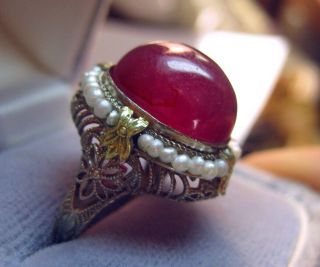 FABULOUS ANTIQUE HUGE LIPSTICK RED NATURAL RUBY FRENCH 14K GOLD SEED PEARLS RING 3