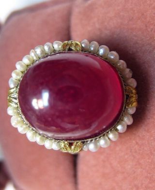 FABULOUS ANTIQUE HUGE LIPSTICK RED NATURAL RUBY FRENCH 14K GOLD SEED PEARLS RING 4