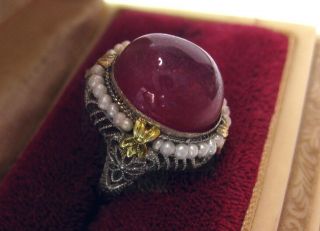 FABULOUS ANTIQUE HUGE LIPSTICK RED NATURAL RUBY FRENCH 14K GOLD SEED PEARLS RING 5