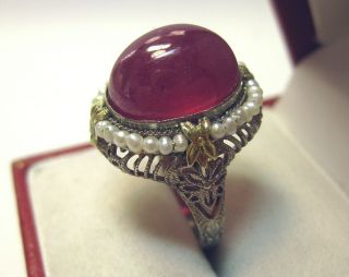 FABULOUS ANTIQUE HUGE LIPSTICK RED NATURAL RUBY FRENCH 14K GOLD SEED PEARLS RING 6