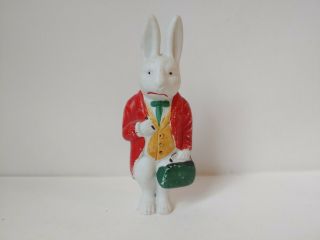 Antique Bisque White Bunny Rabbit Figurine With Suitcase Bag