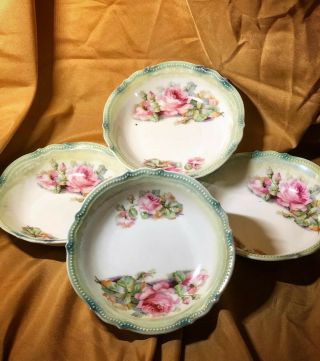 Antique Pk Silesia Germany Hand Painted Bowl - Pink Roses With Green Border 5”
