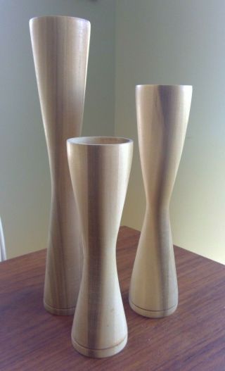Set 3 Vtg Mcm Danish Modern Wood Tulip Tapered Candle Holders Candlesticks