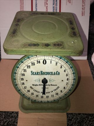 Vintage Green Sears Roebuck & Co.  Metal Kitchen Farm Scale 25 Lbs Needs Tlc