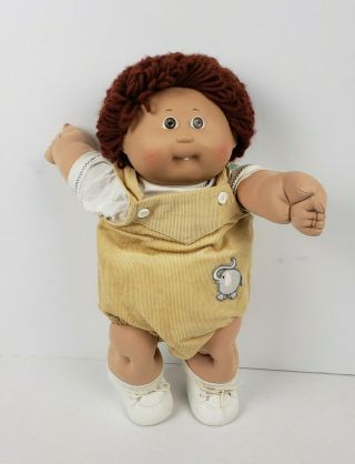 Vintage 1985 Cabbage Patch Doll Boy W/ Curly Auburn Brown Hair Tooth & Overalls