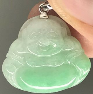 Chinese Jedite Jade White And Green Happy Buddah Carved Pendant Carving