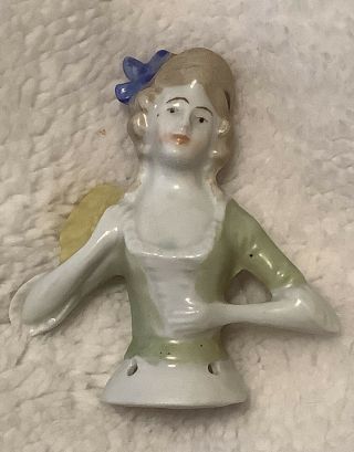 Vintage Porcelain Half Doll / Pin Cushion / Blue Hair Ribbon / Made In Germany