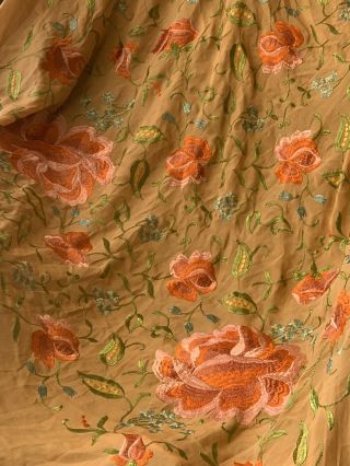 Embroidered Vintage Silk Piano Shawl With Fringe Peach Coloer Large 50” By 50
