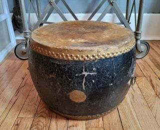 Antique Wooden 19th Century Chinese Drum - Handmade Animal Skin Hide - FANTASTIC 4