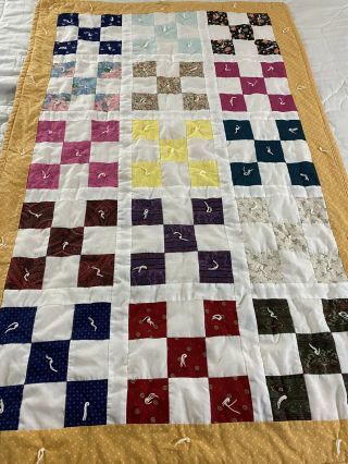 Vintage Handmade Nine Patch Quilt 33 X52 Throw 531 Hand Tied