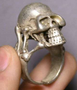 4cm Rare Old Chinese Miao Silver Dynasty Palace Skull Head Ring