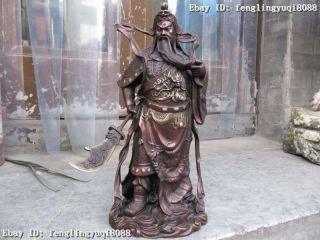 Chinese Pure Red Bronze Copper Dragon Guan Gong Guan Yu Warrior Statue