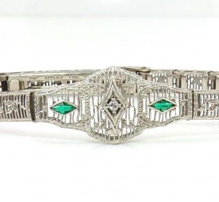Vtg Antique Art Deco White Gold Filigree Emerald & Diamond Tennis Bracelet Lja2