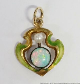 Antique Art Nouveau 14k Yellow Gold Natural Opal Seed Pearl Enamel Charm Pendant