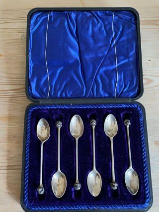 Antique Cased Set Of 6 Solid Silver Dandie Dinmont Terrier Dog Show Spoons 1920