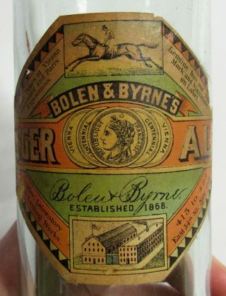 Antique 1800 ' s GINGER ALE SODA Bolen & Byrnes TORPEDO BOTTLE W/ LABEL Victorian 2