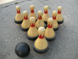 Vintage Brunswick Red Crown Duck Pin Bowling Pins Pegs 10 Pins & 1 Ball