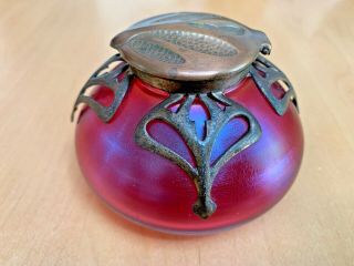 Loetz / Kralik Art Nouveau Ruby Iridescent Glass And Bronze Antique Inkwell