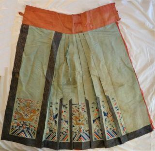 Antique Chinese Silk Embroidered Skirt Panel.  5 Claw Imperial Dragons,  19th C.