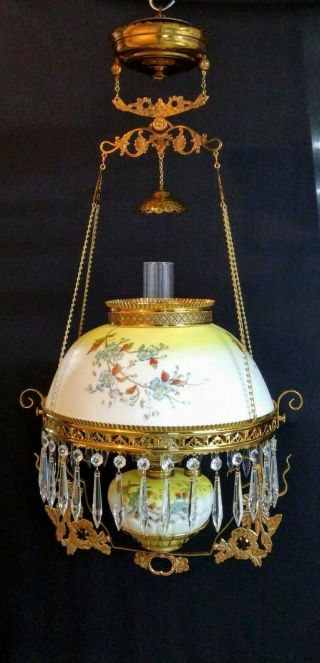 Antique Ansonia Jeweled Brass Hanging Oil Lamp With Clarks Font And Shade