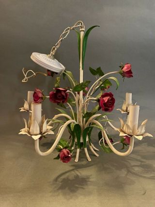 1960s Mid - Century Modern Italian Tole 5 - Arm Chandelier W Red Roses 18 " H X 19 " D