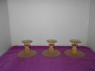 Set Of 3 Antique/vintage Yellow Tint Glass Taper Candle Holders W/etchings