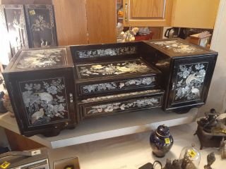 Black Lacquer - Mother Of Pearl Inlay Asian Dresser No Mirror