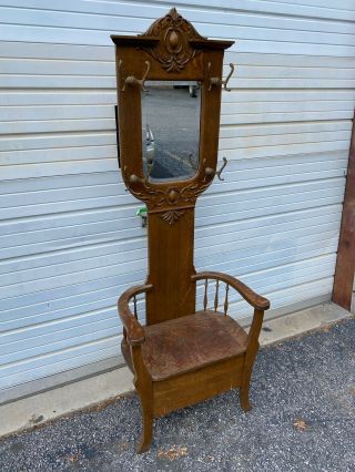Antique Victorian Oak Hall Tree W/ Mirror & Seat Storage 78 "