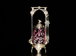 Antique Silver Plate Pickle Castor With Fenton Cranberry Opalescent Glass Insert