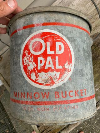 Antique Old Pal Minnow/bait Can/bucket W/ Handle Mississippi Cond
