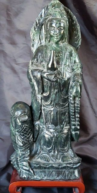 Antique Carved Jade Stone Dark Green Buddha Figurine W/fish 13,  5 " Fantastic Piec