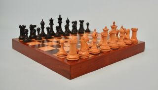 Antique English Ebony Staunton Chess Set By Ayres London With Case & Board