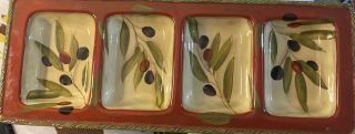 Clay Art - Antique Olive - 4 Part Divided Relish Serving Dish - Hand Painted