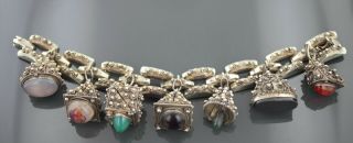 Vintage Italy Etruscan 7 Fob Charms Bracelet 800 Silver With Real Stones