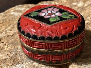 Antique Estate Chinese Export Cinnabar Enamel Flower Pillbox