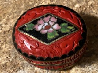 Antique Estate Chinese Export Cinnabar Enamel Flower Pillbox 2