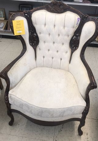 Kimball Victorian Tufted Throne Chair White Mahogany Carved Big