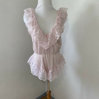 Alana Gale VTG 80 ' s Teddie Teddy Pink Nylon Lace Sissy Nightie Bodysuit sz S M 2