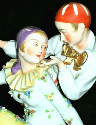 Antique German Dresden Art Deco Pierrot & Columbine Lovers Porcelain Figurine