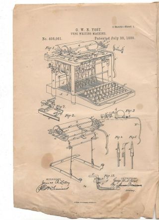 YOST DENSMORE 1889 PATENT DOCUMENTS for UNKNOWN TYPEWRITER Antique Vtg 2