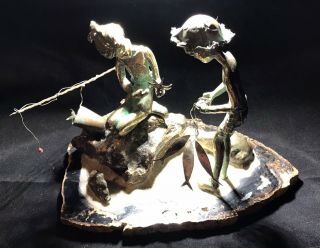 Vintage Malcolm Moran Signed Bronze On Marble Sculpture Mcm Boy Girl Fishing