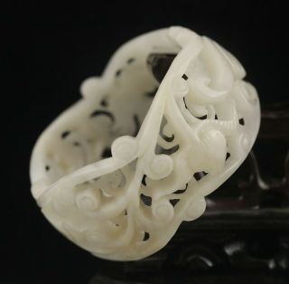 Old China Natural Hetian White Jade Hand - Carved Flower Very Wide Bracelet Bangle