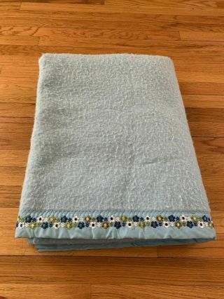Vintage Blue Embroidered Acrylic Blanket Bedspread Twin Size Satin Edge 86x68