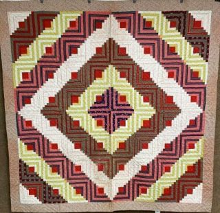 Red Green C 1900 Log Cabin Quilt Antique " A Graphic Barn Raising "